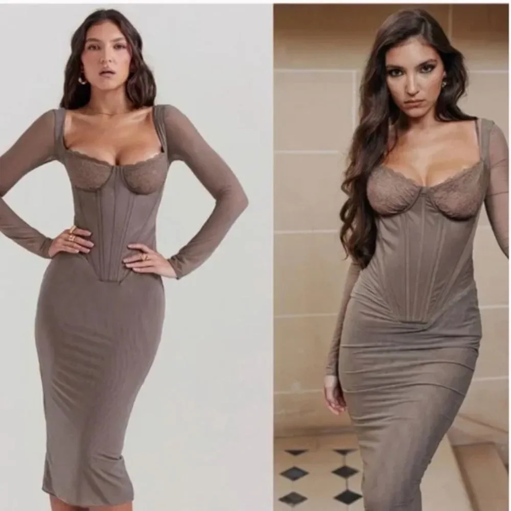House of CB L 'Safran' Mocha Corset Midi Dress NWOT